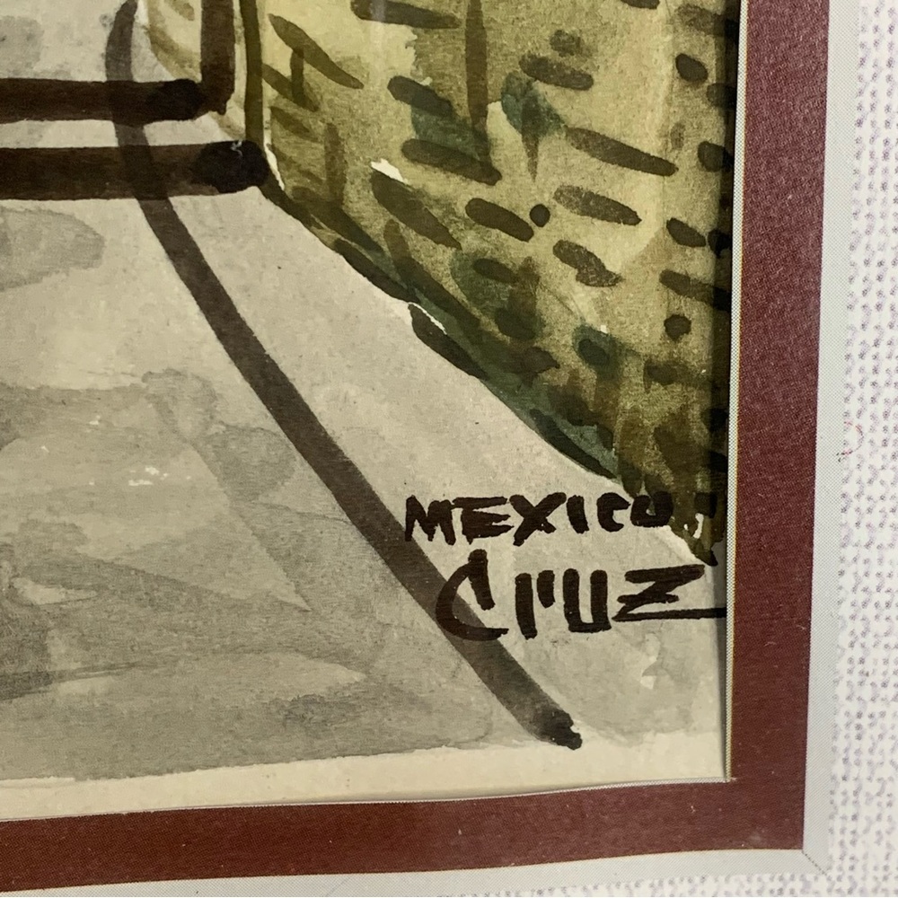 2 Framed Watercolors Signed Mexico Cruz #1 Man Woman 2 Donkey Pink Flower House - Picture 8 of 16